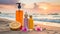 Moisturizing oils and lotions for tanning on a beach against the sea