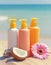 Moisturizing oils and lotions for tanning on a beach against the sea