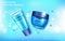 Moisturizing skin care cosmetics tube and cream jar advertising on blue background