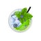 Mojito cocktail with lime, mint, blueberry and ice top view. Cold alcoholic or non-alcoholic long drink. Vector illustration on