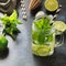 Mojito cocktail in mason jar on black. Close up. Copy space.