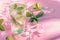 Mojito Cocktail on Pink Background, Mint Tropical Mocktail, Fresh Beach Party Coctail, Summer Drink