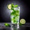 Mojito cocktails with ingredients on black background