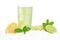 Mojito drink on ice with lemons,limes,leaves on white