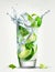 Mojito drink with splashes, fresh lemon, mint and ice. Generative AI. Refreshing citrus lemonade cocktail on a light background.