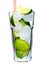 Mojito glass with sliced lime on white background