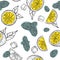 Mojito hand draw seamless pattern. Glass of lemonade, ice cubes, mint leaves, lime slice and whole lime.