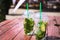 Mojito non-alcoholic, mint lemonade in plastic glasses on a wooden red background