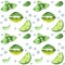 Mojito - seamless pattern. White Background with green elements - mint, lime, bulbs and lip print painted with green lipstick - a