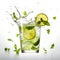 Mojito splashing out from the glass. Refreshing summer drink, thirst quencher. AI Generated