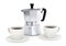 Moka coffee pot and two cups on white