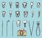 Molar teeth enamel, dental set. instruments equipment of the dentist doctor. oral cavity clean or sick. health or caries