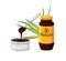 Molasses bottle. A product made from sugar cane. A bowl with a spoon and syrup on a white isolated background. Vector