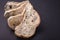 Mold on bread put on black stone table . Top view