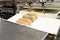 Molded dough products lie on metal plates in rack at bakery. One of stages of bread production in industrial bakery