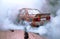 Moldova 25.09.2019. Sport modern Stance E30 BMW Car racing car drifting with smoke drift burnout, big clouds with