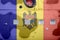 Moldova flag depicted on side part of military armored helicopter closeup. Army forces aircraft conceptual background