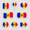 Moldova flag vector set. Moldovan flags stickers collection. Isolated geometric icons. National symbols badges. Web