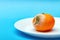 Moldy mandarin on white plate on blue background, selective focus, copy space