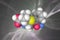 Molecular structure of ampicillin. Atoms are represented as spheres with color coding: carbon grey, oxygen red