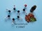 Molecular structure model and chemical formula of benzaldehyde molecule with almonds and almond oil on blue background