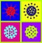 The molecules of the coronavirus in the style of pop art close-up. Graphic illustration with a bright background. Art collage