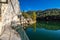 Molino De Chincha reservoir with turquoise waters in autumn at Cuenca province in Castilla La Mancha, Spain