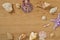 Mollusks on wooden table close up. Seashells on an old wooden table with copy space for text