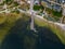 molo pier of Polish village Jastarnia, water of Baltic Sea, aerial drone view