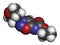 Molsidomine angina drug molecule. 3D rendering. Atoms are represented as spheres with conventional color coding: hydrogen (white