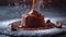 molten lava cake, with the flowing chocolate captured mid-eruption, shot in profile against a classic, luxurious velvet