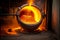 molten metal boiling in large vat in workshop of plant of foundry industry