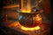 Molten metal boiling in large vat in workshop of plant of foundry industry