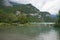 MOLVENO, ITALY - AUGUST 31, 2023: View of Molveno lake during summer day of rain