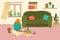 Mom and baby home composition, woman reads book to child, cozy room, happy family, design cartoon style vector