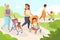 Mom baby walking. Happy women with kids strollers in summer park landscape, outdoor moms holiday, mothers with childish