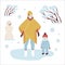 Mom and Baby on a Winter Walk in trendy outerwear Walking on park with a snowman, snowflakes and snowy trees. Nanny