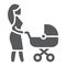 Mom with carriage glyph icon, care and child, woman with pram sign, vector graphics, a solid pattern on a white