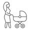 Mom with carriage thin line icon, care and child, woman with pram sign, vector graphics, a linear pattern on a white