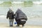 Mom and child on the seashore collect shells. close-up