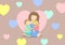 Mom with children on beige background with hearts