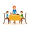 Mom cooks on a dinner, children sit of the table.