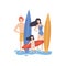 Mom, Dad and Daughter Standing with Surfboards on Beach, Happy Family Enjoying Summer Vacation on Seashore Vector