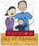 Mom, Dad, Son and Doodles Celebrating International Families Day, Vector Illustration