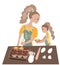 Mom and daughter cook birthday cake together. Objects on white background.Flat style