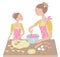 Mom and daughter cook birthday cakes together. Objects on white background.Flat style