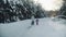 Mom and daughter doing nordic walking in the suburbs in winter.