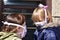 Mom and daughter with facemasks against coronavirus.