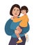 Mom and daughter family portrait. Asian mother and daughter. Sport wear and sneakers. Vector illustration simple shapes