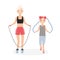 Mom and daughter jumping skipping ropes during fitness workout. Mother and child performing physical training. Cute